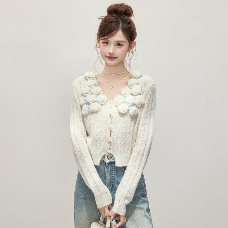 立体玫瑰花V领短款毛衣开衫