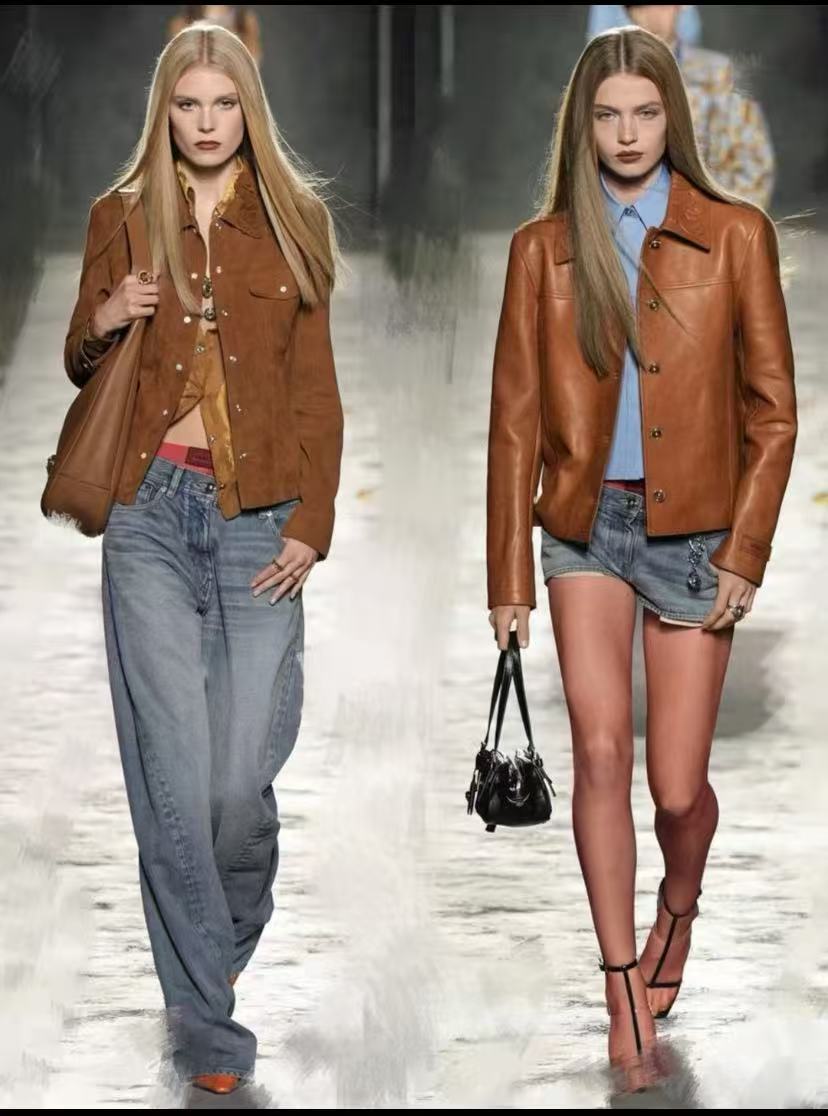 2025秋装孤品真皮口袋黑色宽松潮流女装复古港风千金风朋克风皮衣