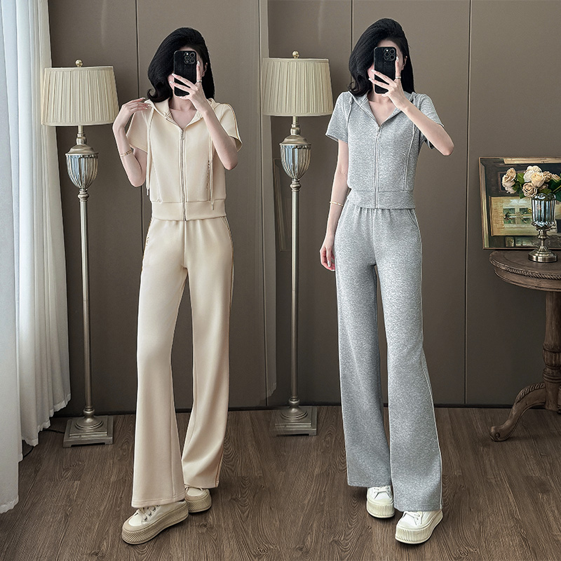 连帽时尚套装女2025年夏季新款韩版显瘦遮肚子减龄休闲短袖两件套