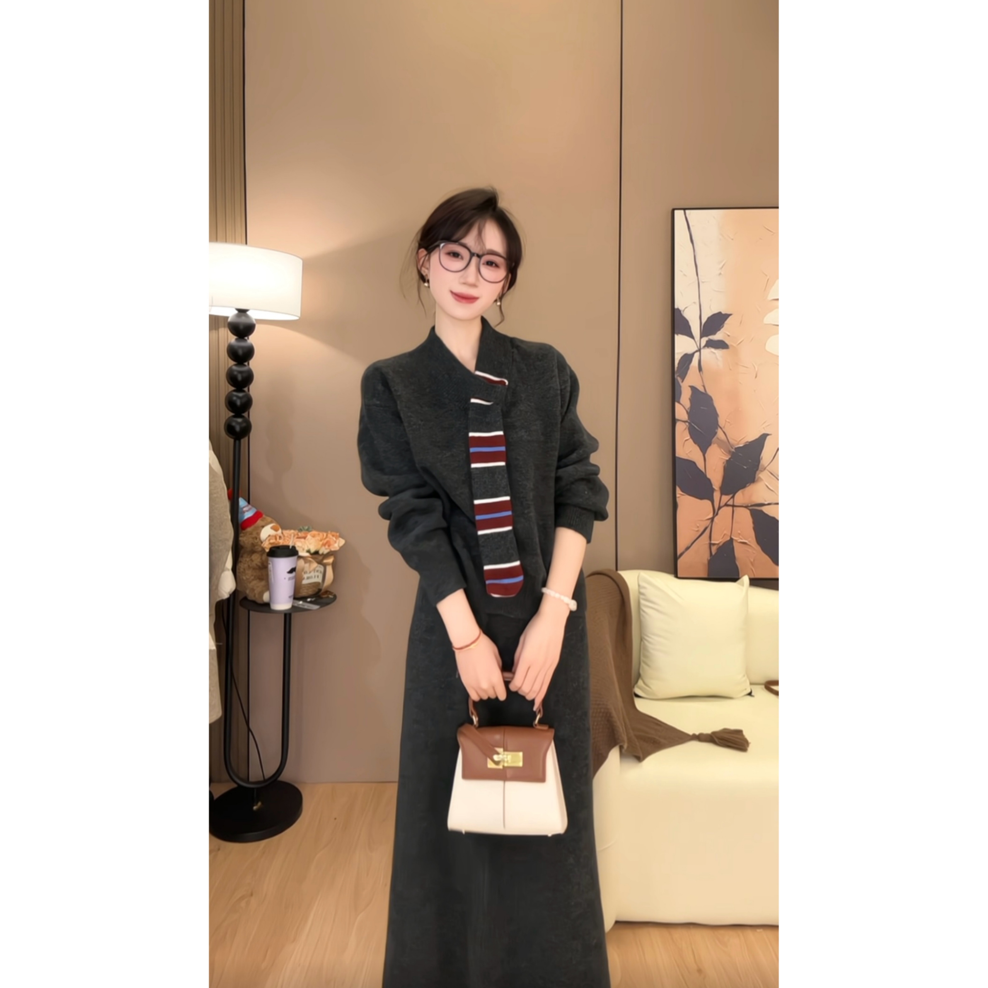 设计感时尚感别致撞色百搭飘带长袖针织衫上衣+半裙配大衣巨好看