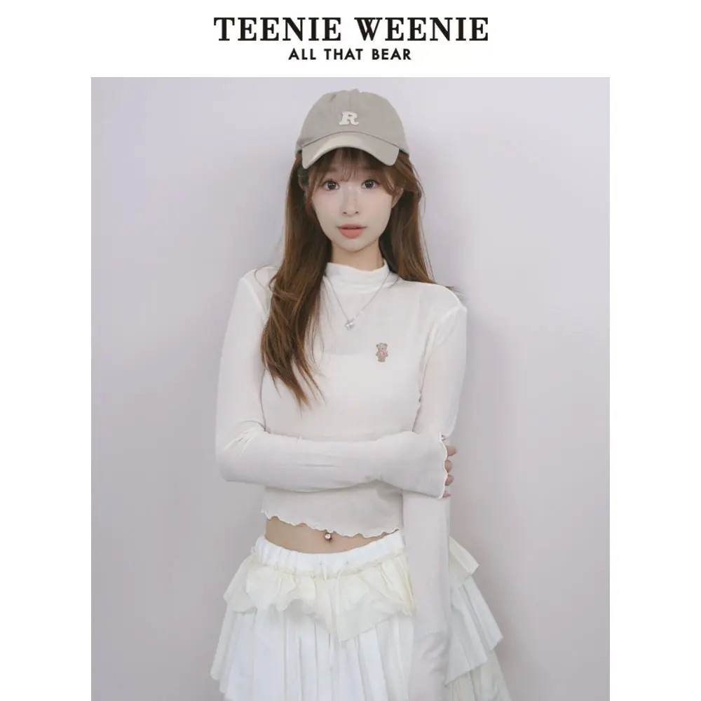 TeenieWeenie小熊2025新款白色截短款半高领长袖T恤YTLA254910B