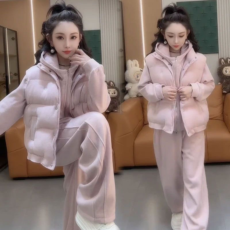 现货发）2025冬季女士秋冬新款韩系时髦减龄纯色连帽卫衣加厚马甲