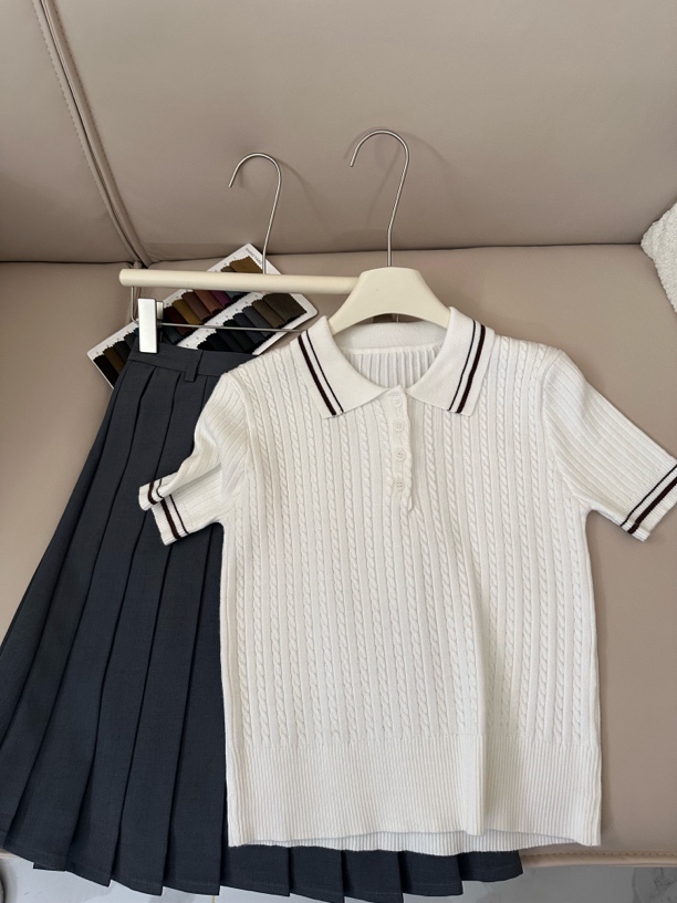 【拉夫女孩】学院风扭麻花拼接条纹polo针织衫上衣