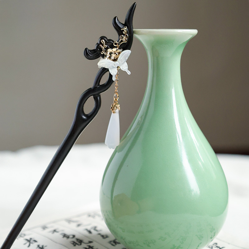 古风流行旗袍汉服新中式盘发妙蝶黑檀木