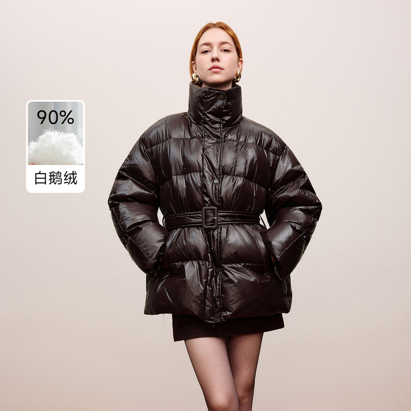 莱茵朗姿优雅一手长立领泡芙羽绒服中长大衣深棕色LDGD9BOMC902