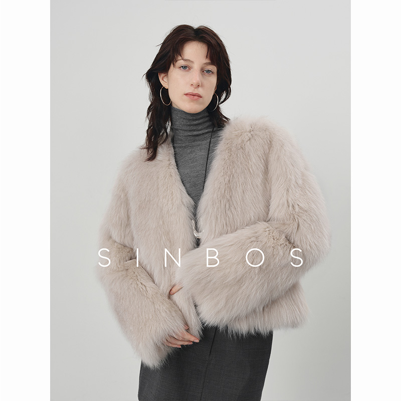 SINBOS流霜 芬兰进口SAGA狐狸毛皮草大衣女冬季新款V领短外套ZB