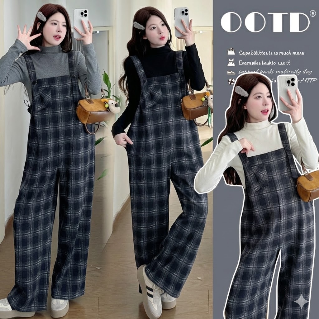 孕妇秋冬装加绒格子背带裤套装新款加厚2025休闲时尚宽松韩版