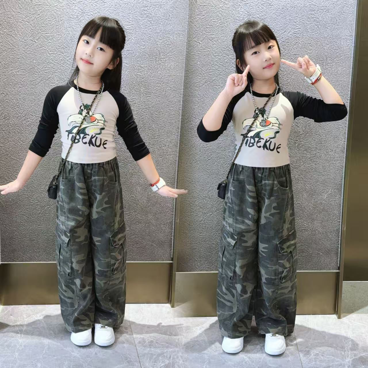 女童工装裤套装2025年儿童卡通印花打底衫迷彩阔腿裤春秋装两件套