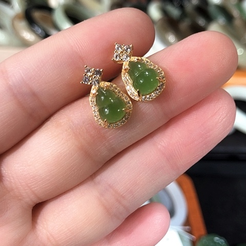 和田玉耳饰银S925镀金镶嵌