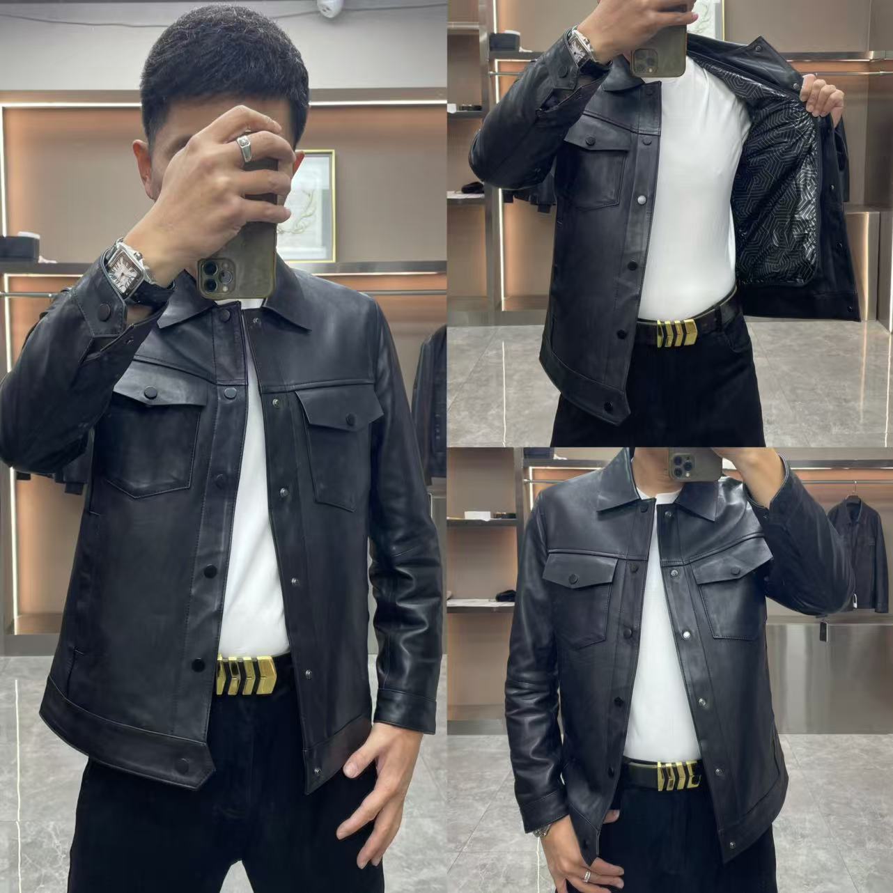 7061时尚头层山羊皮可拆卸鹅绒内胆真皮皮衣修身潮流百搭黑色休闲