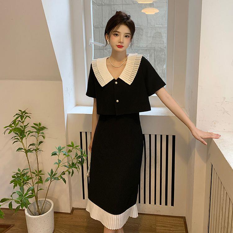 【清仓】法式温柔风气质洋气黑色连衣裙小香风套装裙两件套女1339