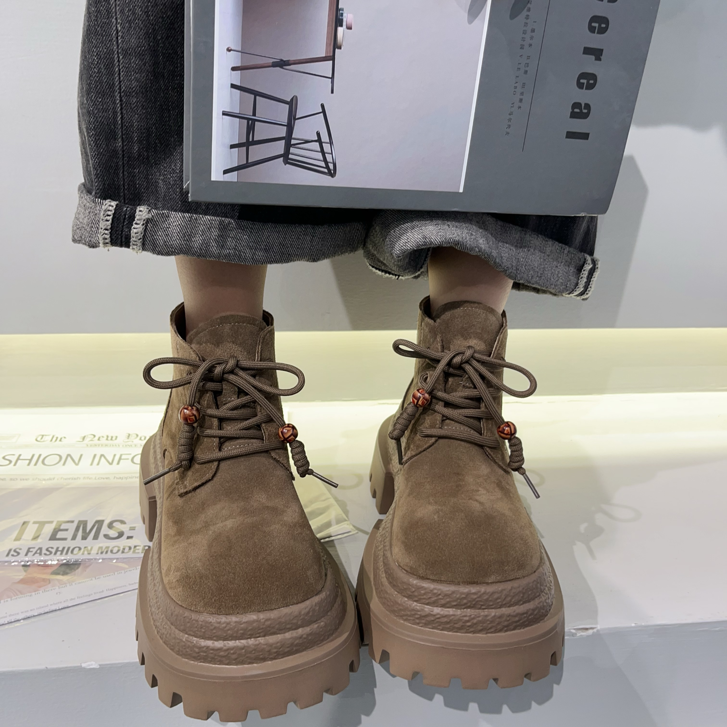 【小涵家】秋季新款欧洲站走秀小众原切牛皮厚底增高【7cm】马丁靴ins