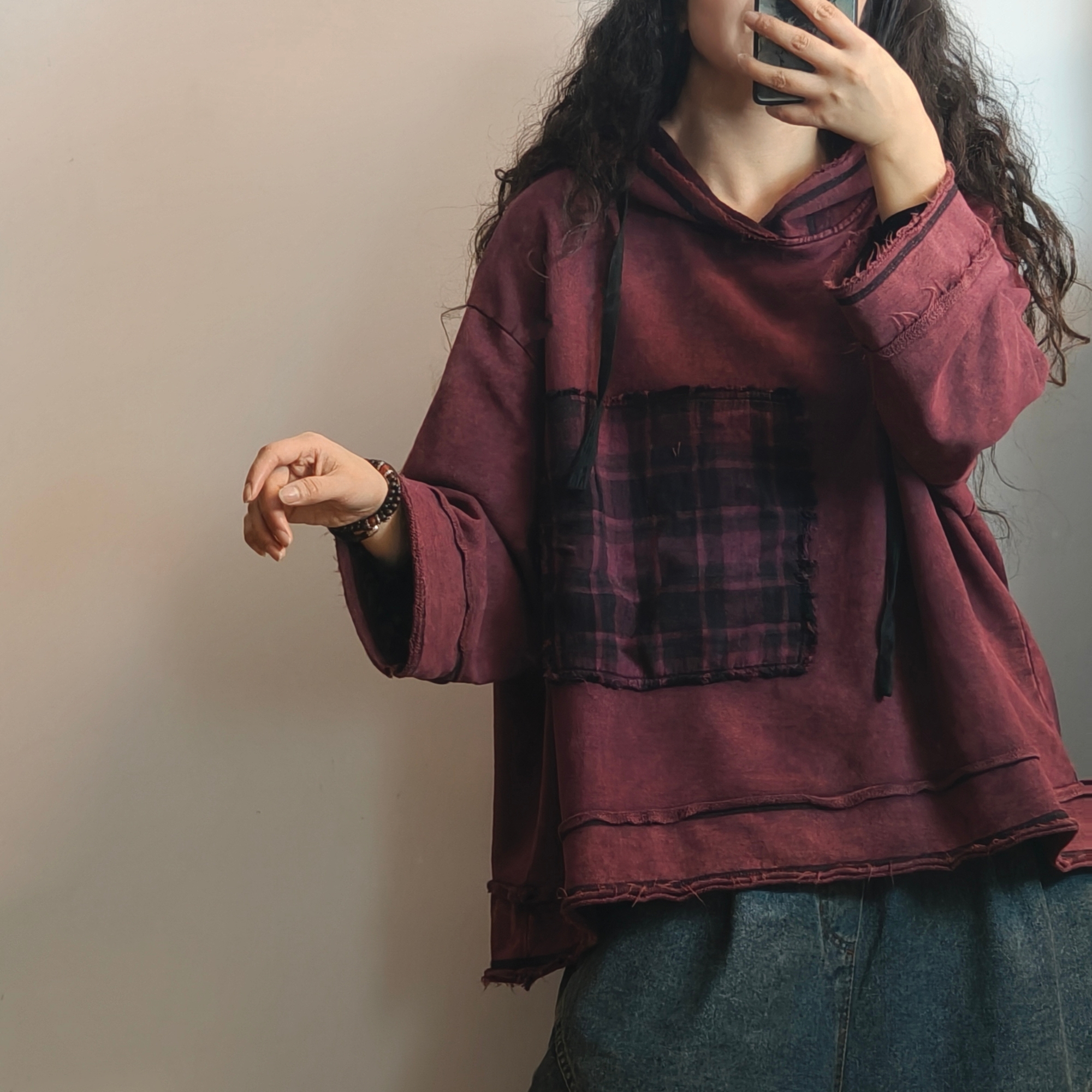 虞姑娘推荐 炒色做旧毛圈连帽贴布卫衣【衣长60胸围145】