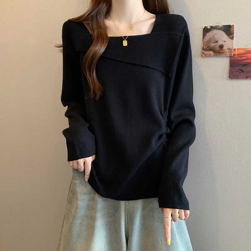 大码设计感方领抽绳长袖针织衫女春秋微胖MM宽松显瘦洋气打底毛衣