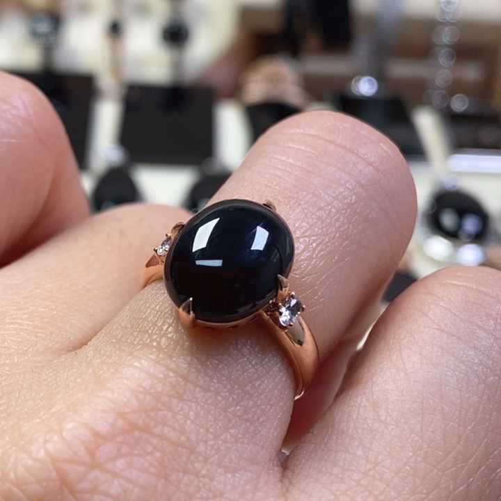 翡翠戒指18K金镶嵌缅甸天然翡翠墨翠