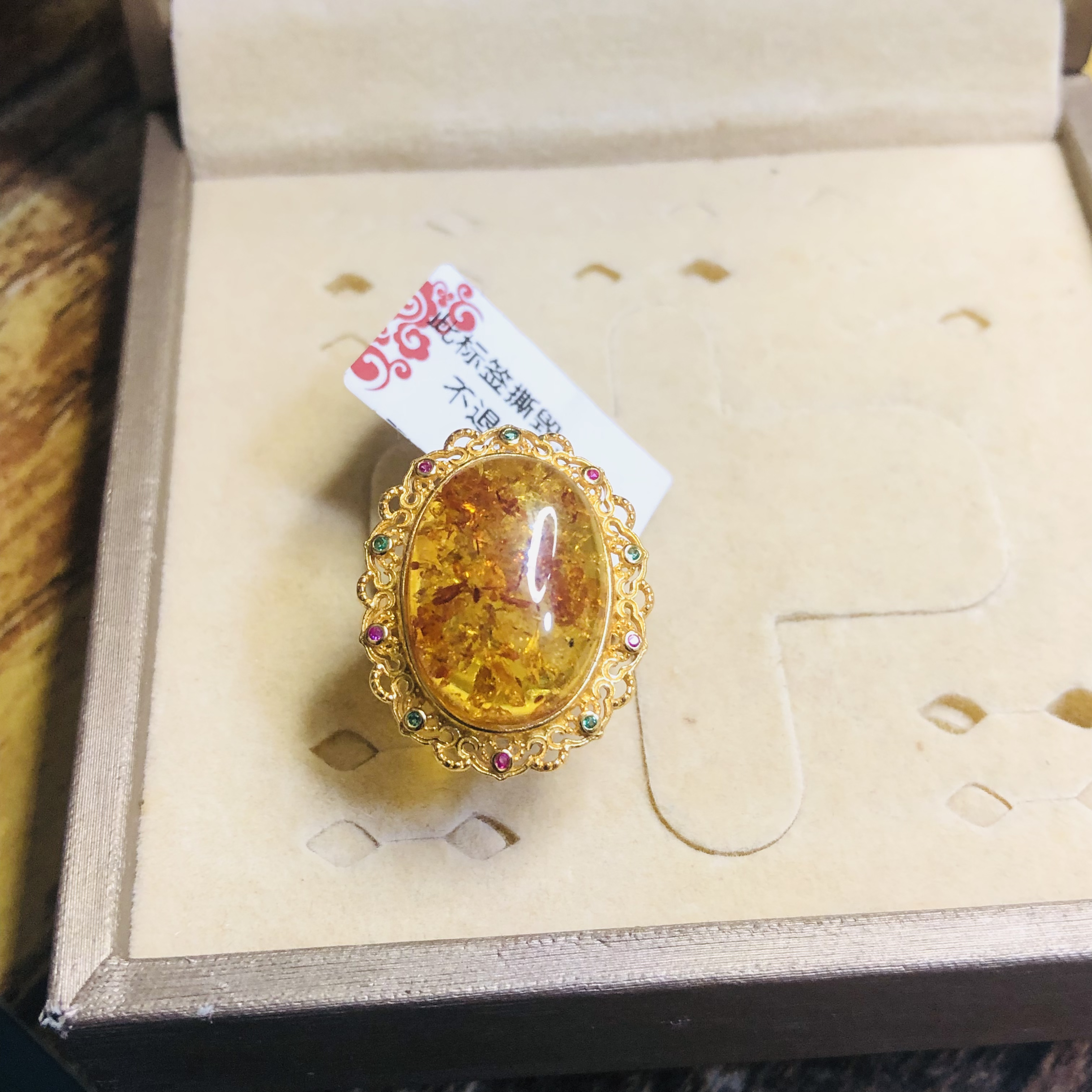 天然墨西哥净水花珀蛋面13X18MM款戒指925银镶嵌款时尚简约经典款