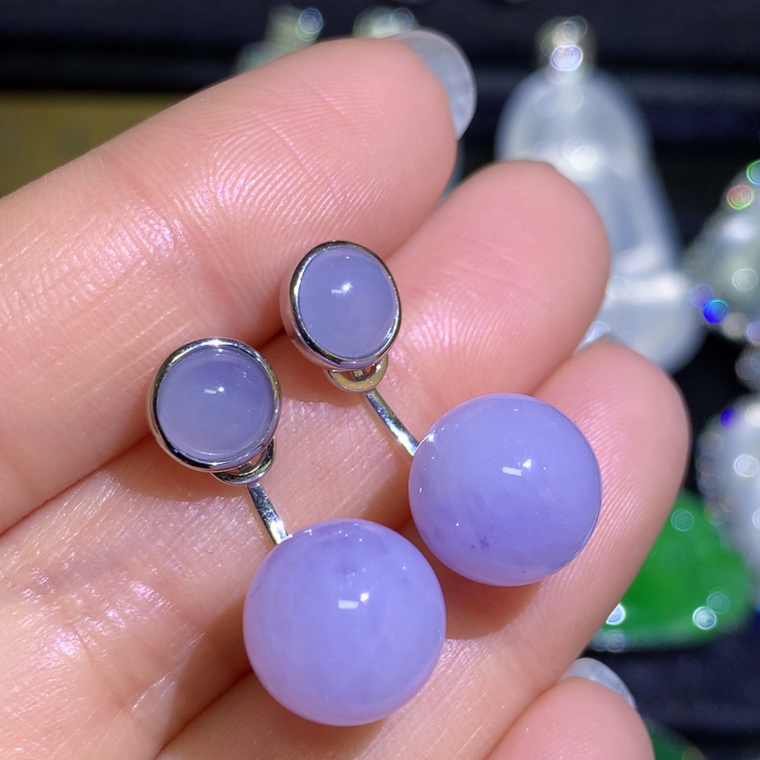 翡翠耳饰18K金镶嵌紫罗兰圆珠