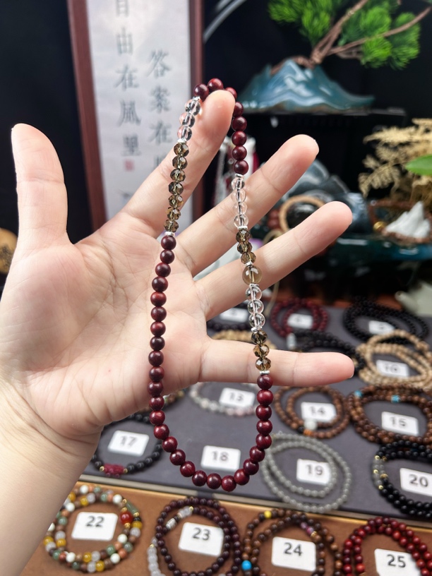 香积新中式中国风茶水晶手串 小叶紫檀茶水晶双圈串珠手链