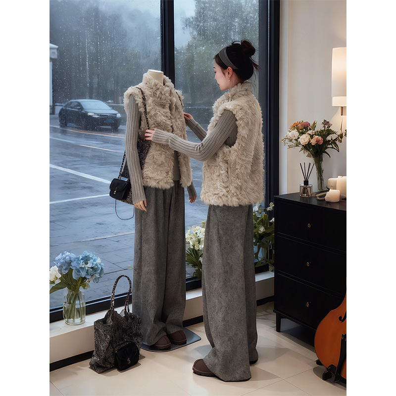 秋冬搭配一整套韩系慵懒穿搭针织衫叠穿毛毛马甲外套阔腿裤三件套