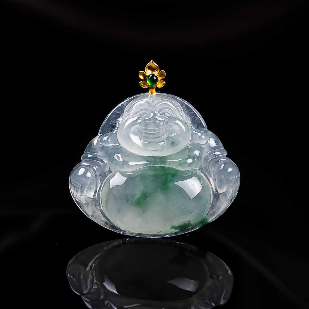 天然缅甸翡翠A货18k金冰飘花佛公 尺寸28-23.7-6.3mm