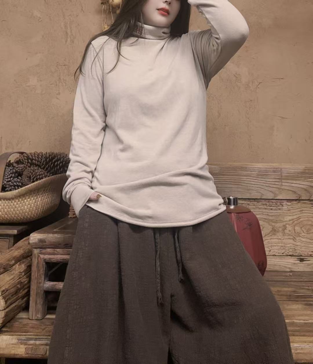 美子原创秋冬T恤休闲风堆堆领常规款高领打底衫时尚网红（衣长63）