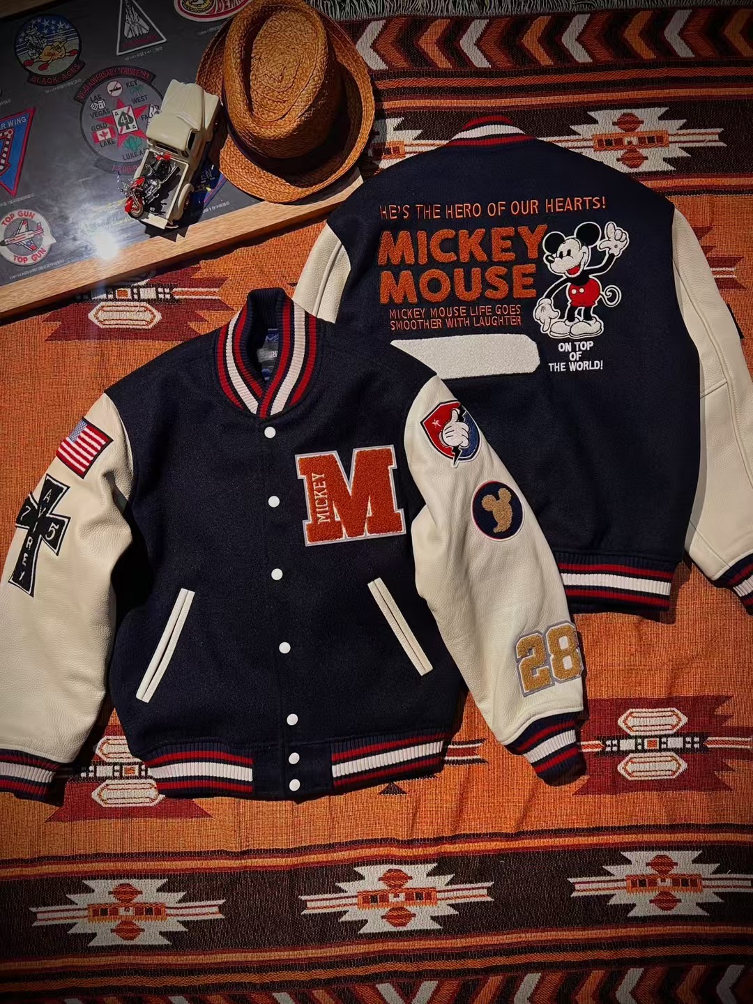 经典美式米老鼠毛呢拼接牛皮袖夹棉棒球夹克(需干洗）