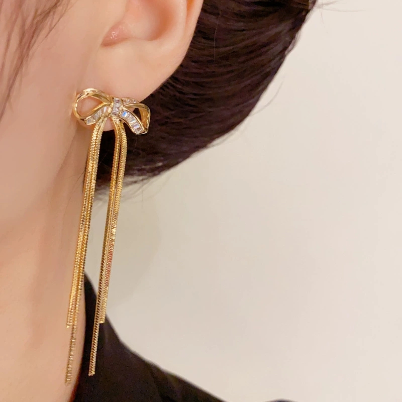 铜合金耳饰 镶钻蝴蝶结长款流苏耳环气质轻奢高级感耳坠耳饰新款