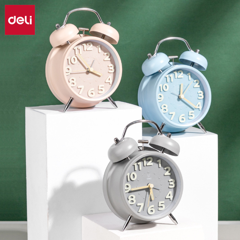 得力9036 简约创意闹钟 可爱静音电子闹钟儿童学生双铃闹钟