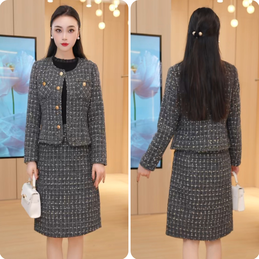 春季新款时尚气质小香风套装 外套+连衣裙两件套