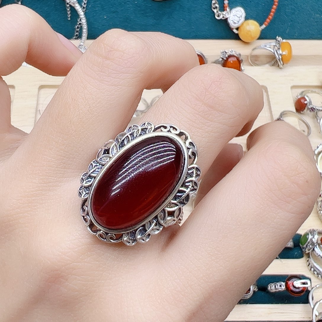 血珀戒指银S925镶嵌天然