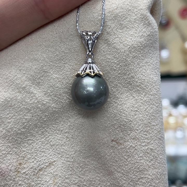 海水珍珠颈饰银S925镶嵌大溪地 11-12mm 81号