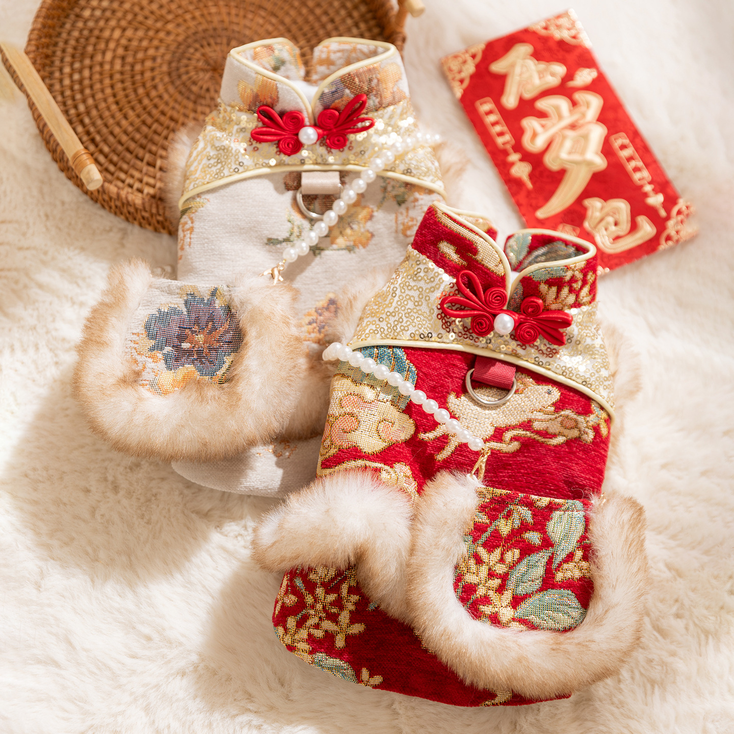中式新年狗狗衣服保暖两脚衣马甲比熊小型犬猫咪冬季唐装宠物服装