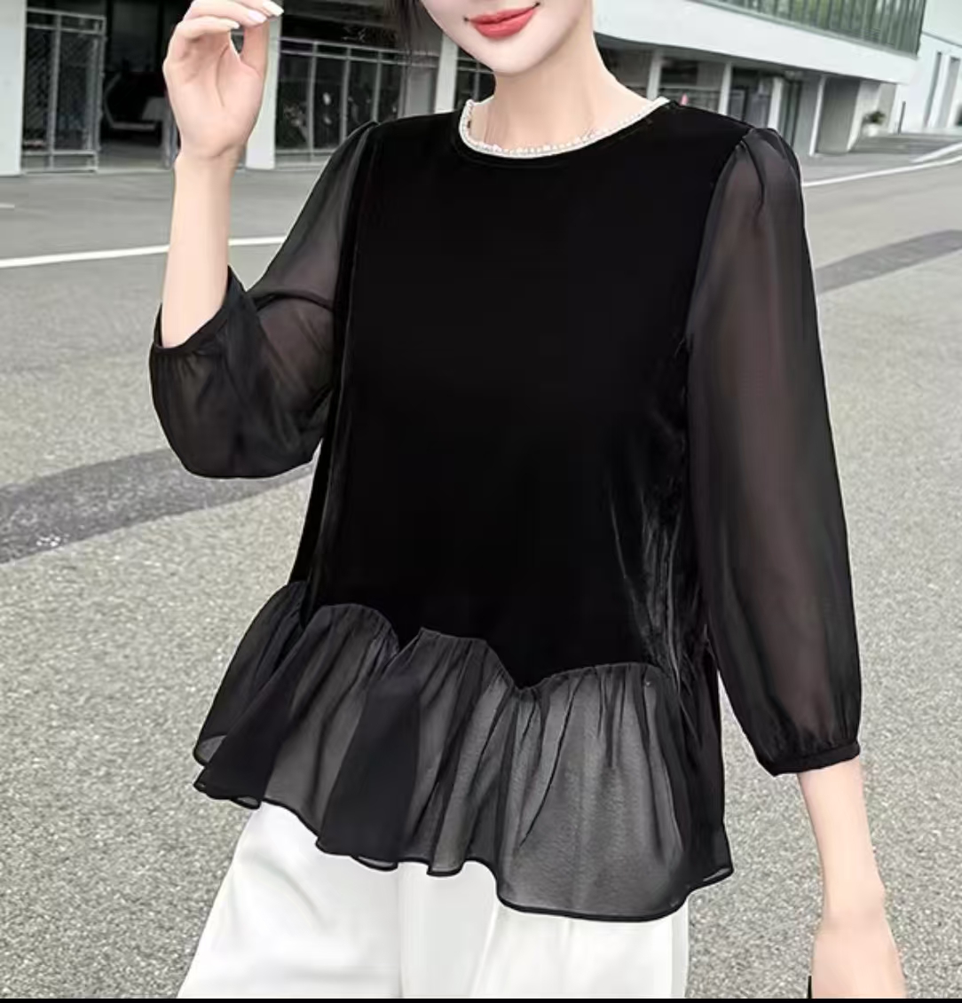 S9038 早春秋丝绒拼接长袖衬衫女蕾丝镂空宽松文艺气质女装减龄