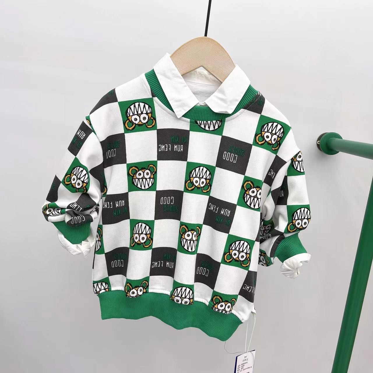 儿童春季男宝韩版棋盘格笑脸卡通卫衣HQ035