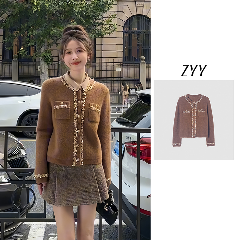 ZYY【白鹿原】2025/S新品新款圆领重工钉珠花边毛衣X25DMY05155