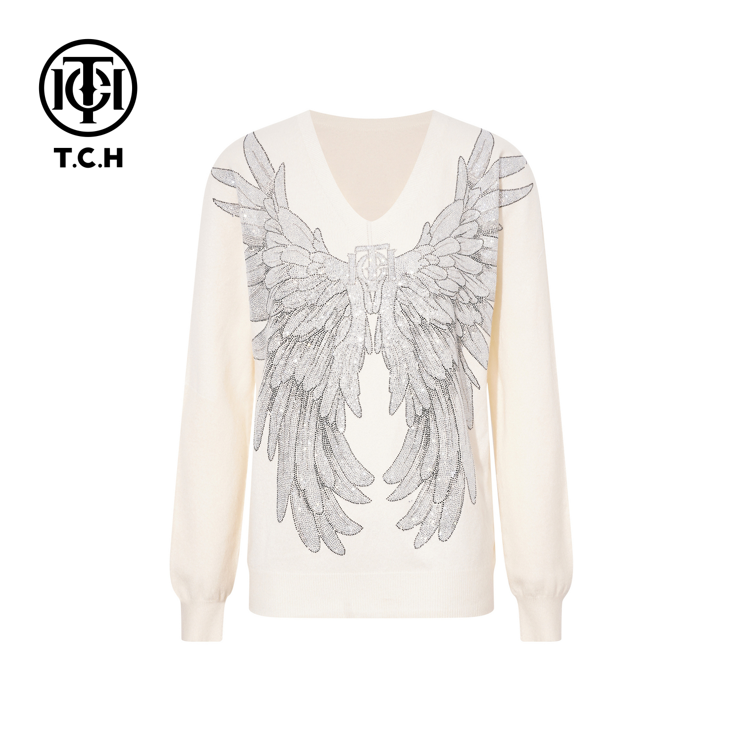 TCH【时尚百搭】冬款时尚烫钻米色休闲风女装针织衫T75D09E1230