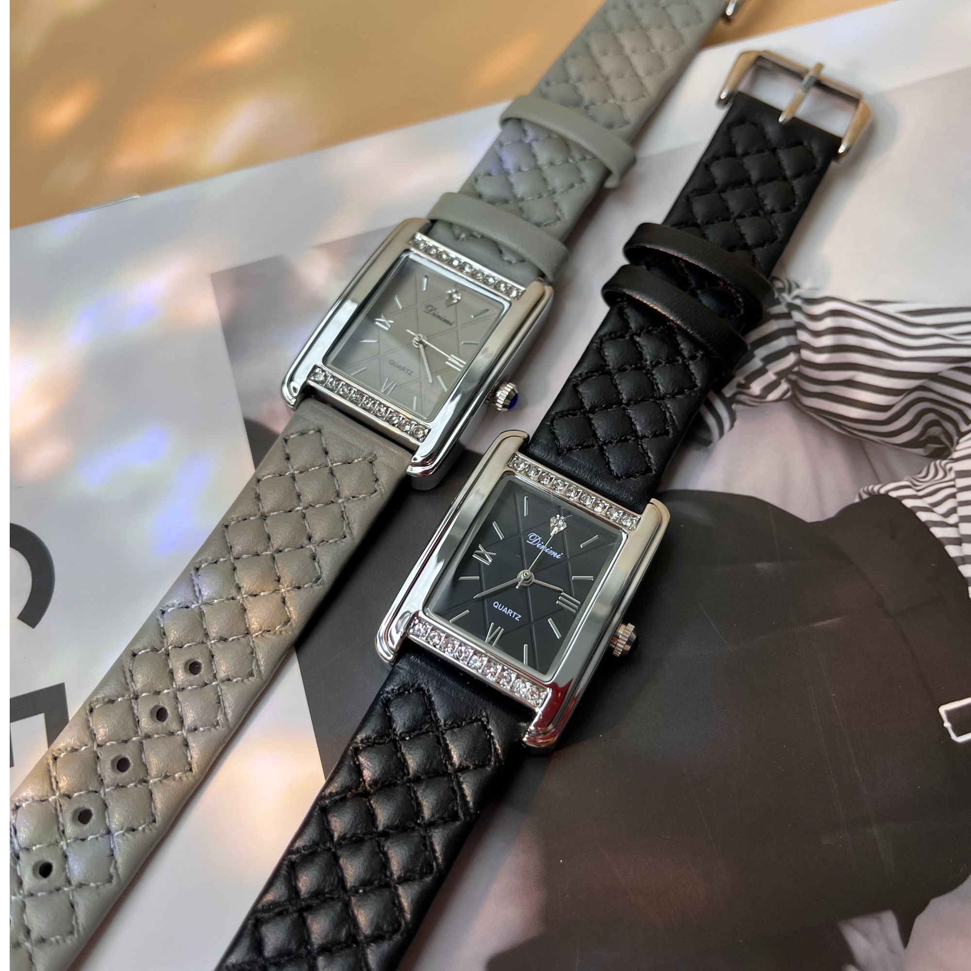 复古小香风菱格纹 简约气质女表镶钻高级感小众轻奢精致小方表