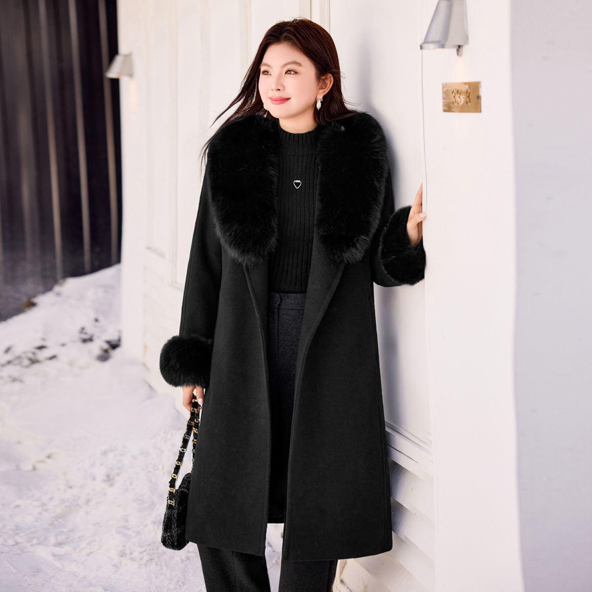 【100绵羊毛可拆卸狐狸毛】MsShe大码女装2025双面呢外套X~M2512008