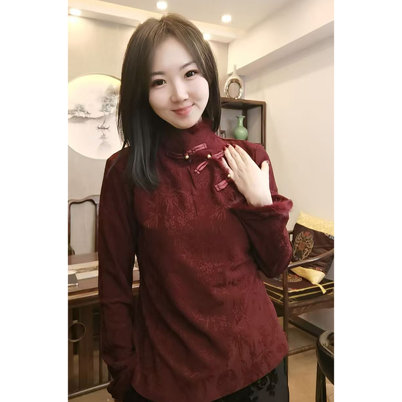 【国潮美学】重工提花修身长袖新款打底衫复古貂毛拼接斜襟上衣7829