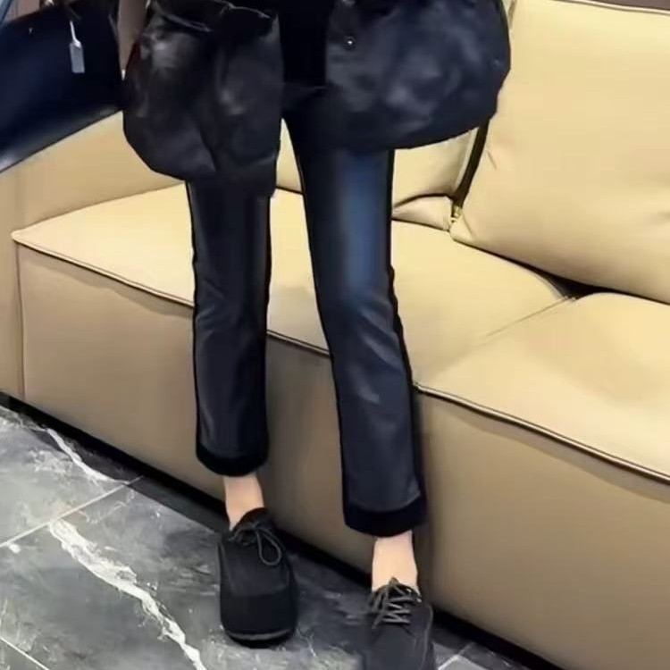 冬季新款休闲裤女拼接AB版九分弹力烟管裤时尚高腰皮裤丝绒裤6662