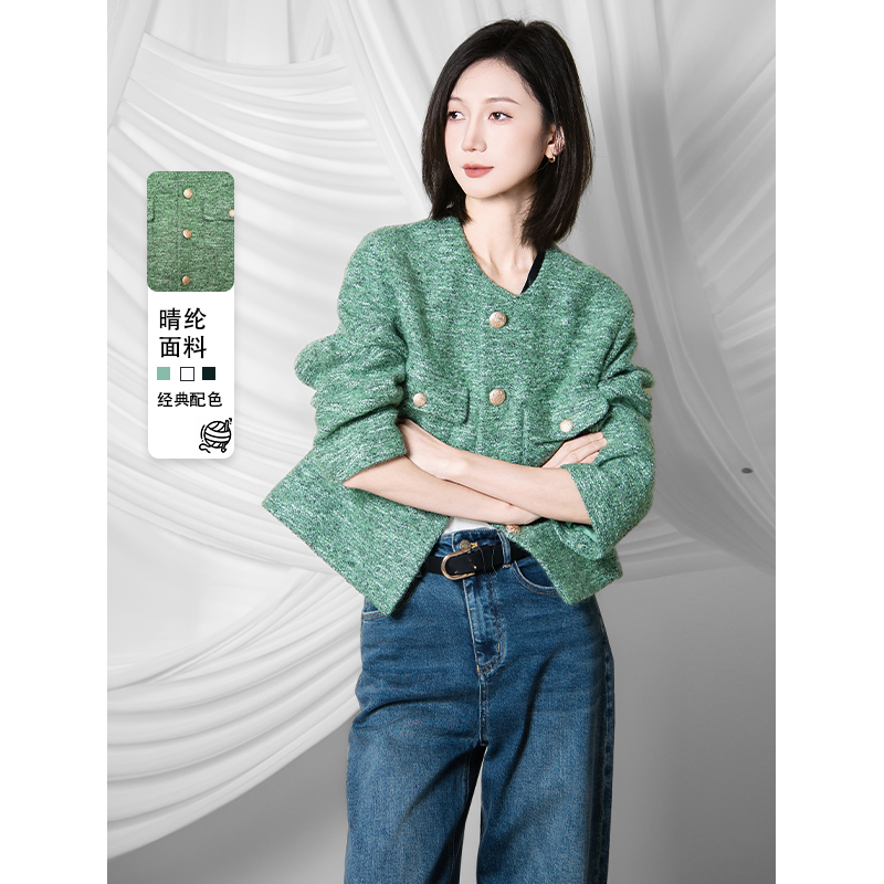 玛丝恩迪秋季新款复古时尚圆领宽松编制租花小香风外套430655