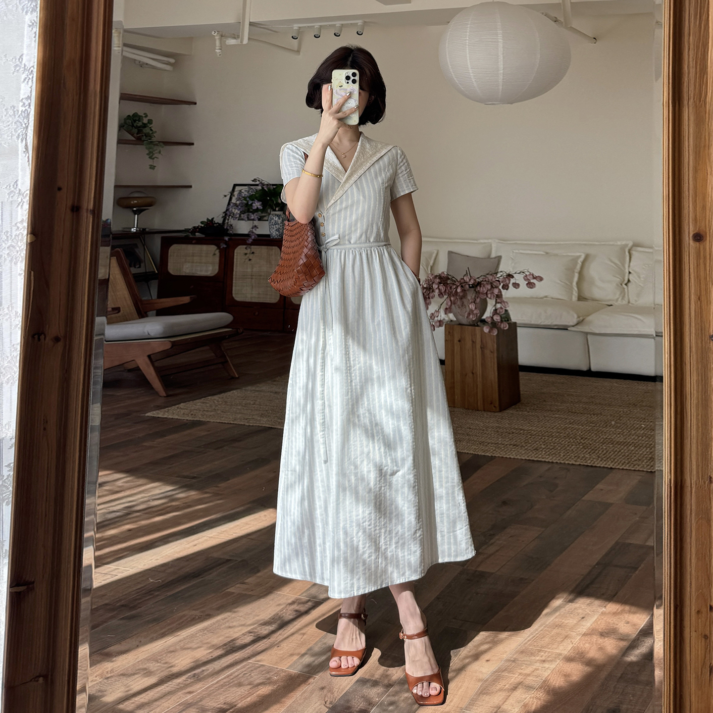 【现货+运补】法式蓝色条纹海军领海边度假气质收腰长5508