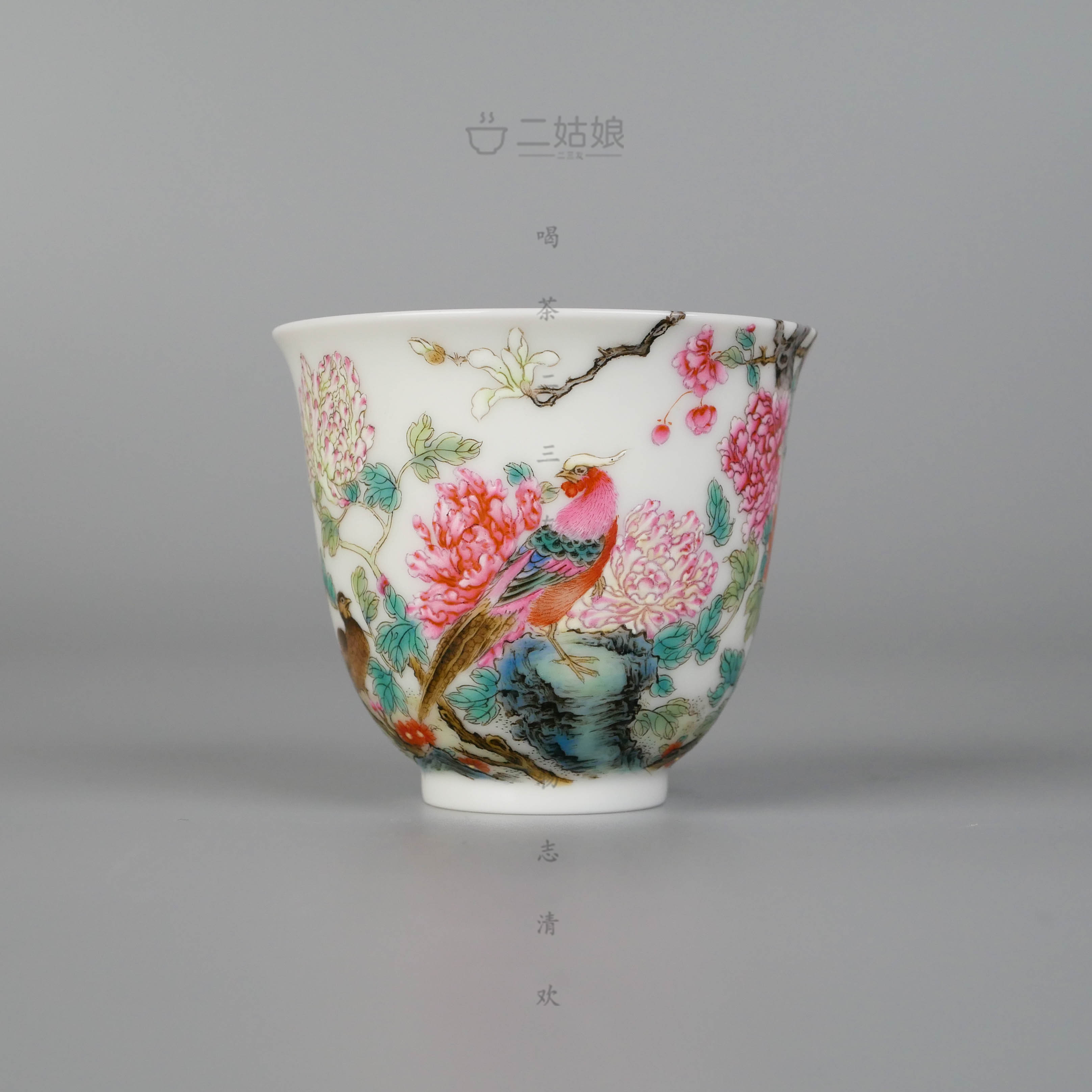 艺林怀古粉彩锦鸡牡丹铃铛杯【景德镇全手工茶具80ml】