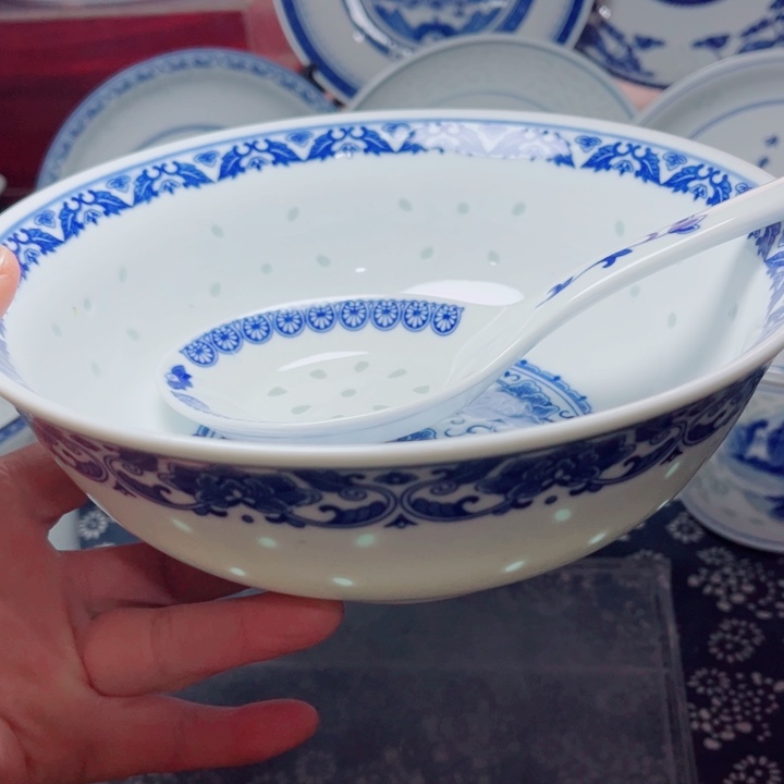 青花玲珑8寸汤碗牡丹花带勺子