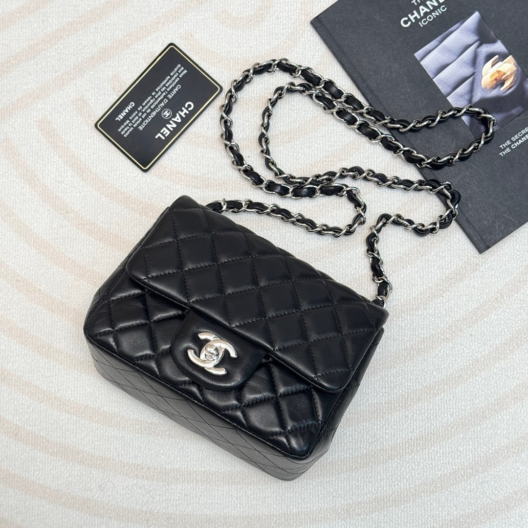 95新 Chanel/香奈儿 黑银 羊皮 经典方胖子斜挎包/602322751