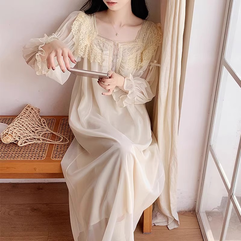维多利亚轻奢品质～！带胸垫睡裙晨袍新娘女仙女公主法式睡裙家居服
