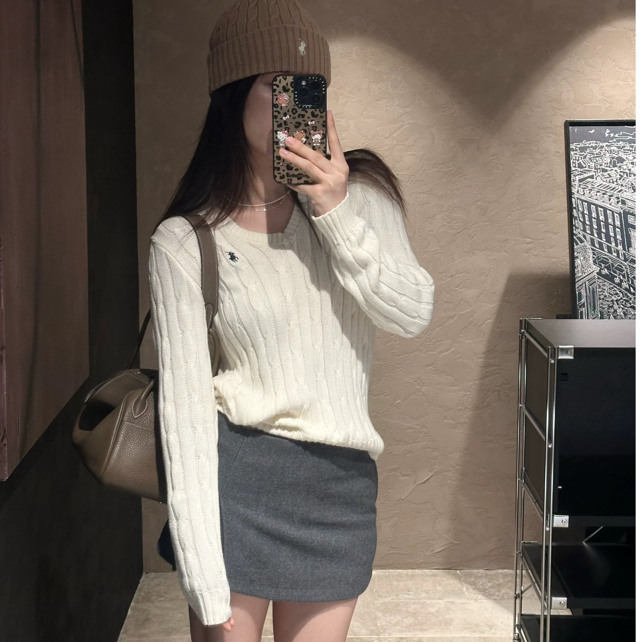 露思同款V领麻花长袖小马刺绣针织修身基础修身套头百搭毛衣019