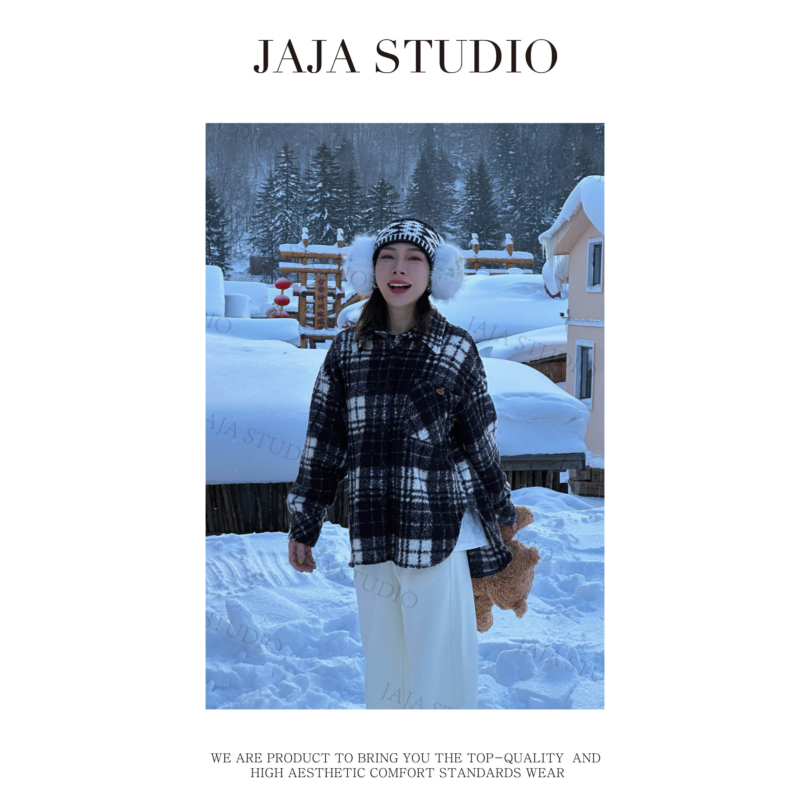 『JAJA佳一』维多利亚~通勤毛绒四方格色块衬衣领外套A7032