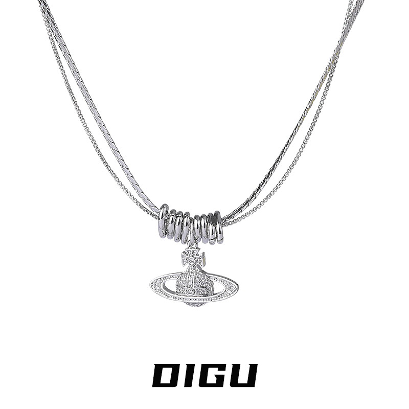 嘀咕家 铜合金项链 个性叠戴镶钻土星项链女甜酷风锁骨链轻奢颈链