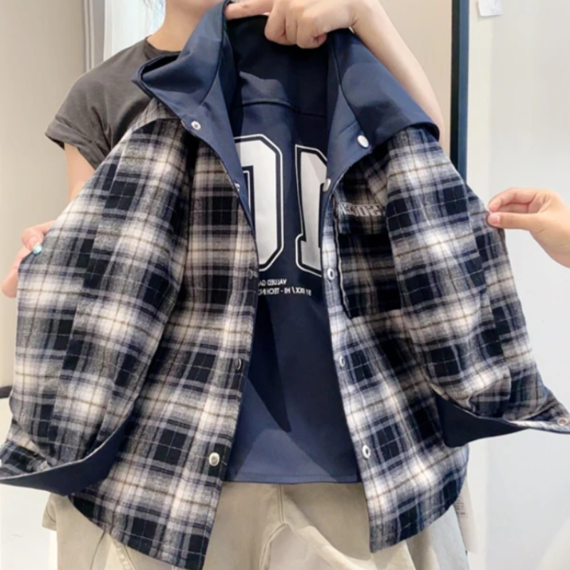 男童外套2025新款秋季儿童格子连帽上衣洋气时髦中大童秋装男孩潮